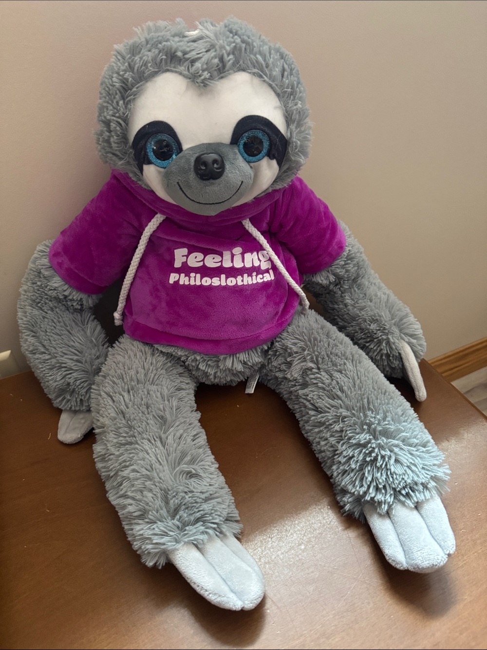 Plush Gray Sloth in Purple Hoodie - "Feeling Philoslothical"
